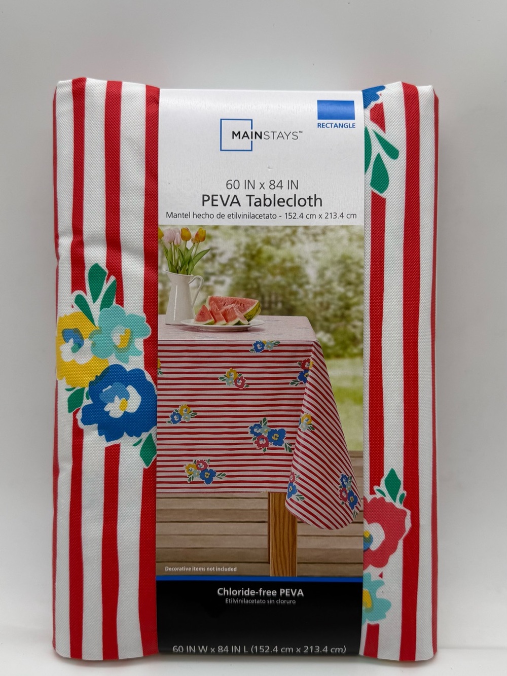 Mainstays Red and White Striped Floral PEVA Tablecloth